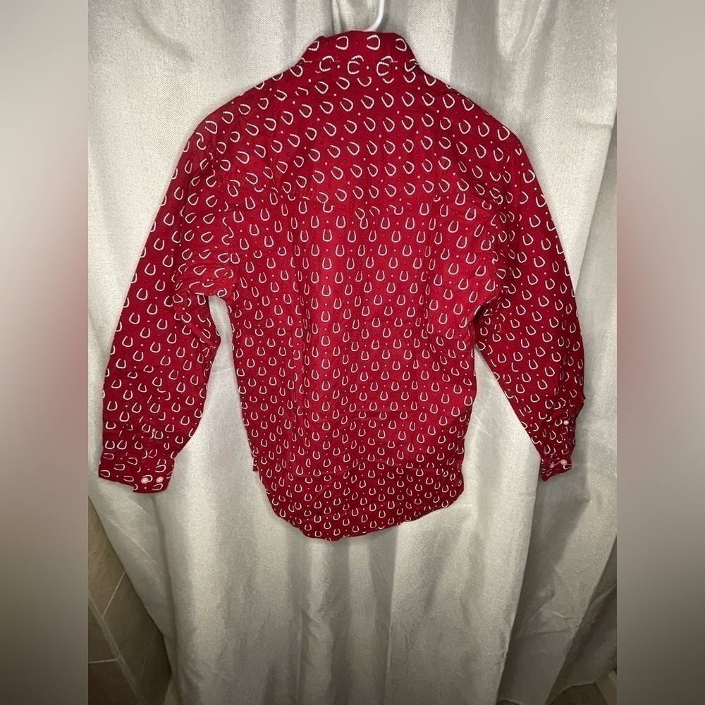 Vintage Express Rider Red Button Down Horseshoe Print Western Shirt Size Medium  - Picture 7 of 8